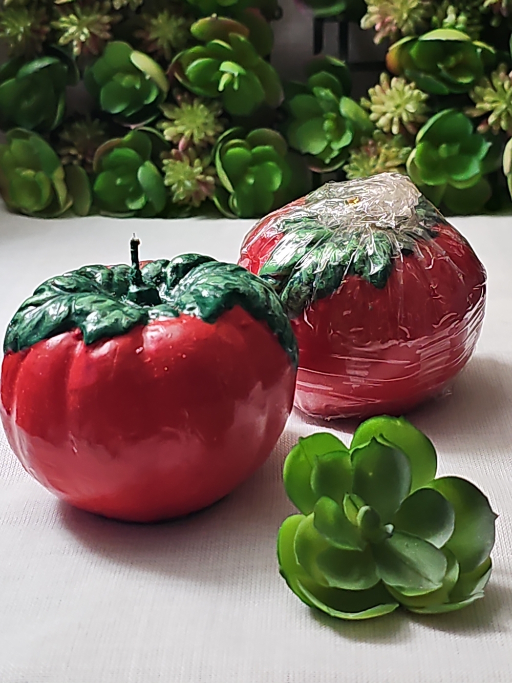 Pair Red Plum Tomato Decorative Candles with Green Leaves Tops
